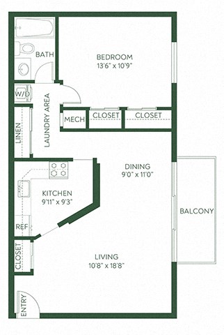 Floor plan for 1 bed, 1 bath, 819 sqft